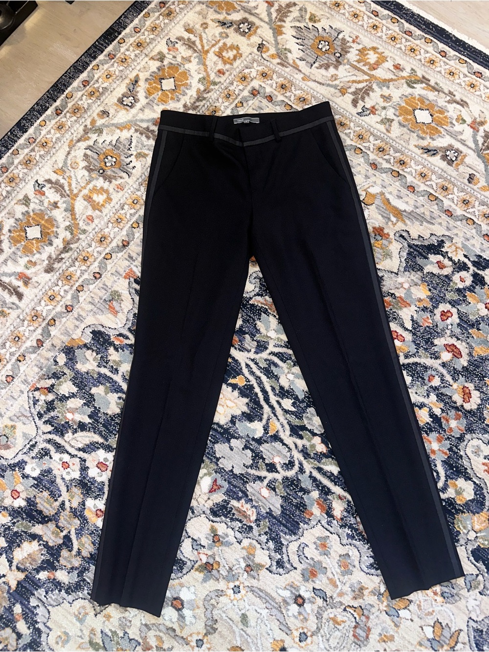 Vince Black Wool Slim Straight Leg Tuxedo Trim Trousers Size 2